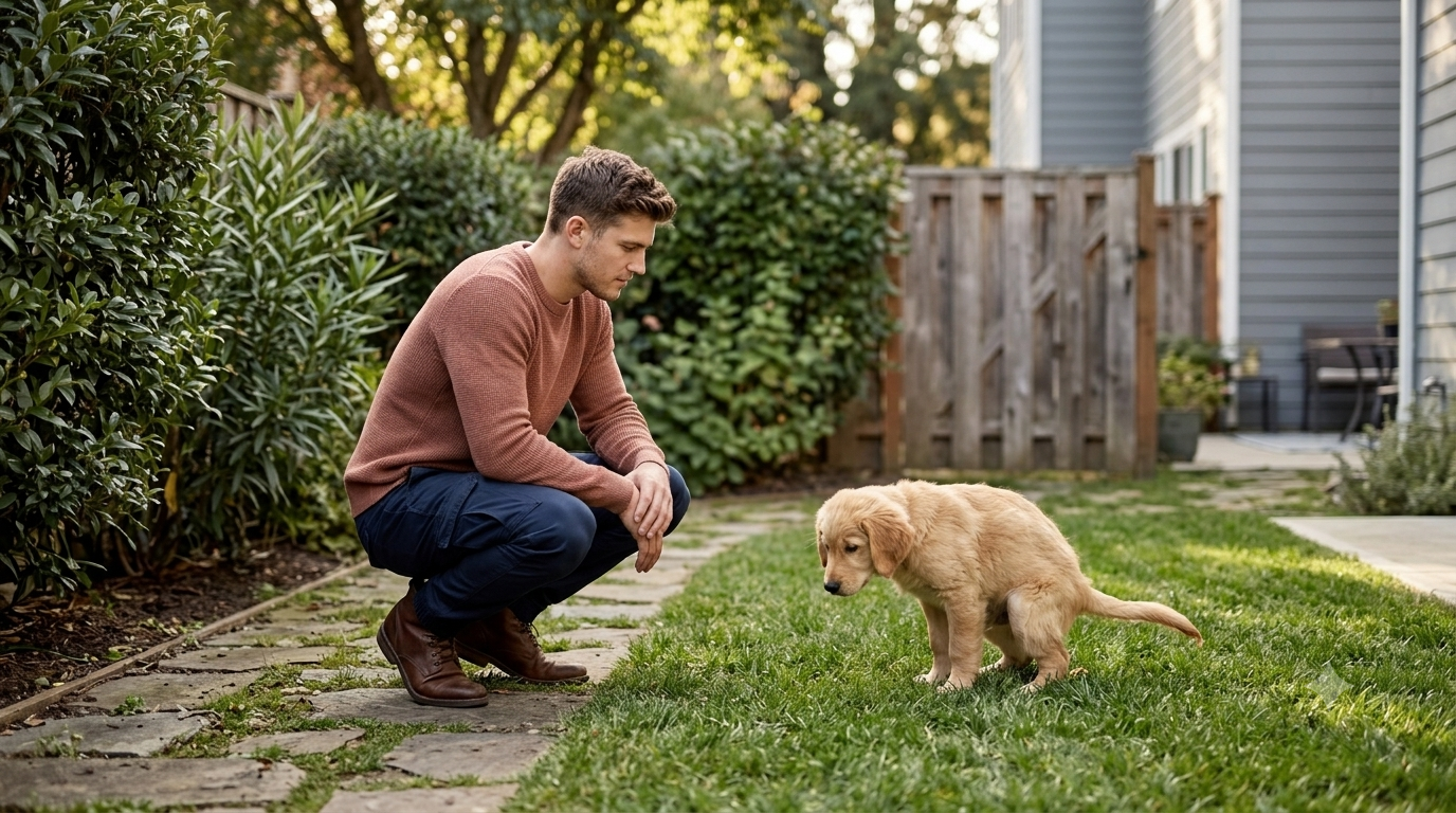 Owner calmly waiting with a young puppy at a home potty area during potty training.