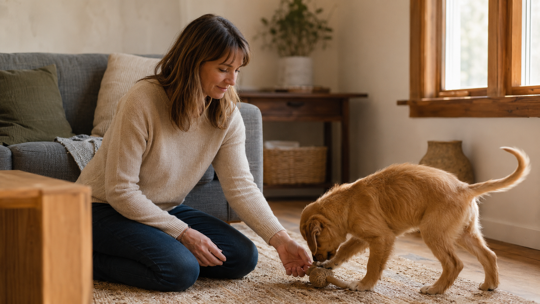 Person calmly redirecting a young puppy during playful biting at home.